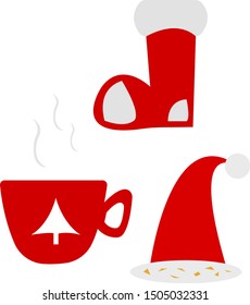 accessories for santa claus hat with bubo boots and a cup with a hot drink with which steam comes out winter and christmas concept
