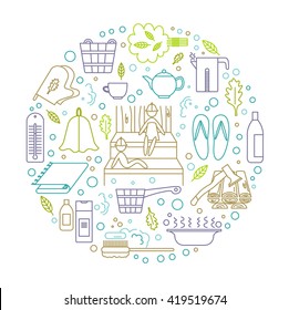 Accessories for sauna and bath. Vector illustration. Line style.