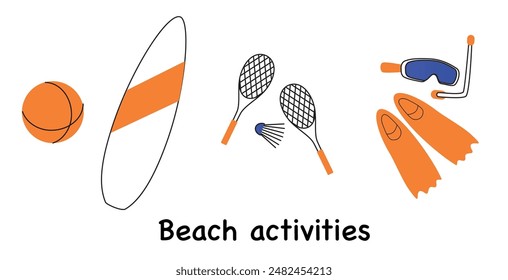 Accessories set for beach sports,  recreation: basketball, volleyball, sub boarding, badminton, diving. simple trend style illustration isolated on white for poster, banner, flyer, invitation design