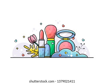 Accessories set for a beautiful make-up. Lipstick, blush, brush. Vector illustration with botanical elements on a white background.