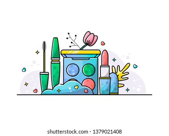 Accessories set for a beautiful make-up. Mascara, lipstick, eye shadow. Vector illustration with botanical elements on a white background.