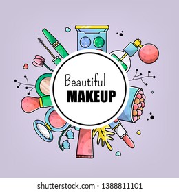 Accessories set for a beautiful make-up. Mascara, foundation, eye shadow, lipstick. Vector banner for a site with isolated objects and place for text.