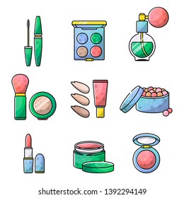 Accessories set for a beautiful make-up. Mascara, lipstick, eye shadow. Vector isolated objects icons in linear style on white background.