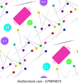 Accessories for sewing. Seamless pattern with buttons, thread reels and pins. Universal print in polka dots for textiles, fabrics, wallpapers, wrapping paper. Vector illustration EPS 8