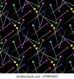 Accessories for sewing. Seamless pattern with pins on a black background. Universal print for textiles, fabrics, wallpapers, wrapping paper. Vector illustration EPS 8