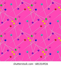 Accessories for sewing. Seamless pattern with pins on a pink background. Universal print for textiles, fabrics, wallpapers, wrapping paper. Vector illustration EPS 8