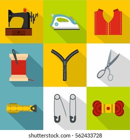 Accessories for sewing workshop icons set. Flat illustration of 9 accessories for sewing workshop vector icons for web