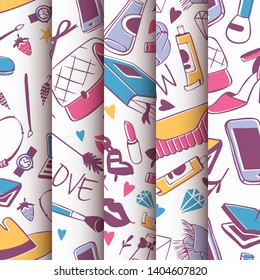 Accessories and shoes for girls seamless pattern vetor illustration. Woman stuff. Cosmetics, toiletry, bags, shoes, sunglasses, gadgets, magazines, envelope watch hat scarf nail varnish