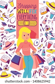 Accessories and shoes for young girls vetor illustration. Woman stuff banner, poster. Shopping will fix everything. Cute girl with shopping bags. Cosmetics, toiletry, bags, shoes, sunglasses, gadgets.