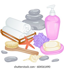 Accessories for spa and baths, sauna. Towels, soap, liquid soap, loofah, brush. Vector illustration isolated on white background