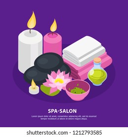 Accessories of spa salon for stone therapy and relaxation isometric composition on violet background vector illustration