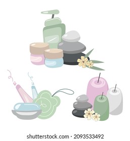 Accessories for spa treatments. Cartoon set of bath and sauna items, hygiene products, cosmetics, flowers and herbs. Candles, shampoos, creams, soaps, washcloths, massage stones. Flat vector design