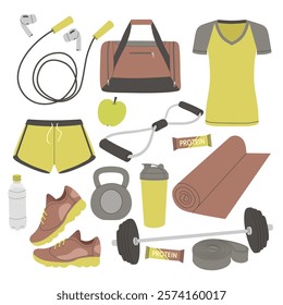 Accessories for sports for women. Sports equipment. Sport clothes, sport watch, sneakers, dumbbells, jump ropes, mat