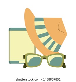 accessories for summer days symbols and music player sunglasses with hat isolated Vector design illustration