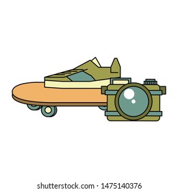 accessories for summer days symbols and sneakers skateboard with camera Vector design illustration