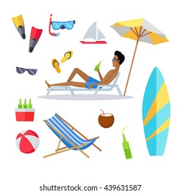 Accessories for the summer holidays design flat. Ball for beach volleyball, life buoy and flip-flops, sunglasses and inflatable ice cream man isolated on white background. Vector illustration