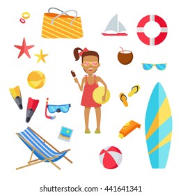 Accessories for the summer holidays design flat. Ball for beach volleyball, life buoy and flip-flops, sunglasses and inflatable ice cream girl isolated on white background. Vector illustration