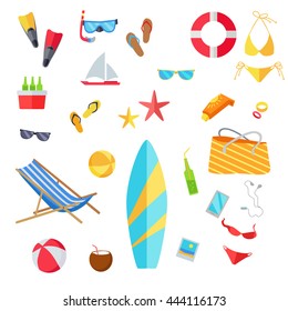 Accessories for the summer holidays design flat. Ball for beach volleyball, life buoy and flip-flops, sunglasses and inflatable ice cream man isolated on white background. Vector illustration