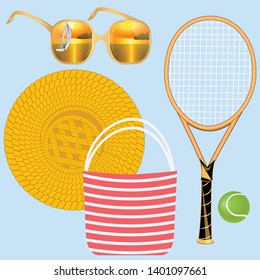 Accessories for summer holidays - sunglasses with reflection of sea landscape, tennis racket, beach bag, straw hat - isolated on light background - vector