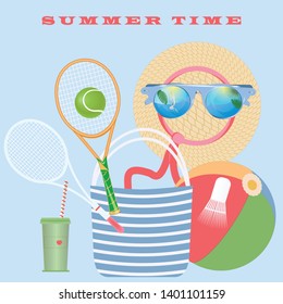 Accessories for summer holidays - tennis racket, badminton, inflatable ball, sunglasses with reflection of the sea landscape, beach bag, straw hat - isolated on light background - vector