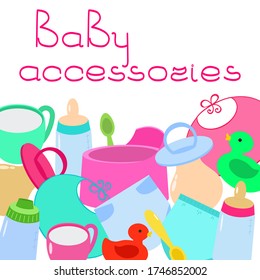 Accesorios y suministros para la atención al recién nacido. Ilustración vectorial. Para embalaje, folletos, publicidad, diseño.