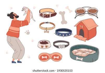 accessories for taking care of a pet. sun loungers, bowls, scratching posts, collars.
a man loves his puppy and holds a dog in his arms