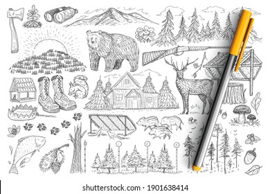 Accessories and tools of hunter doodle set