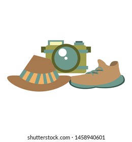 accessories for tourism and vacations and camera hat and sneakers isolated symbol Vector design illustration