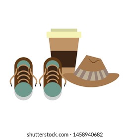 accessories for tourism and vacations and sneakers hat with coffee cup isolated symbols Vector design illustration