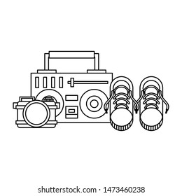 accessories for tourism and vacations and stereo camera and sneakers isolated symbols Vector design illustration