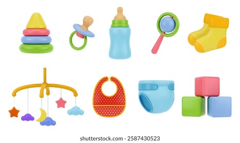 Accessories and toys for taking care of newborn baby. Vector, isolated icon in 3d style. Pacifier and bottle, sock and bib for feeding, diaper for hygiene, soother and educational pyramids and cubes