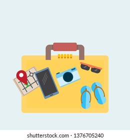 accessories and travel items, flat lay top view background