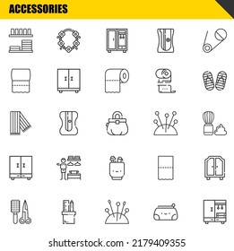 Zubehör Vektorgrafik-Symbole Set. Geschirr, Kamm und Schal-Symbole. Dünne Linienführung. Modern gestaltete grafische Elemente, einfache Strich-Symbole, Stockillustration