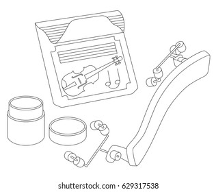 Accessories for violin: violin strings, rosin and shoulder rest. Vector illustration. Isolated on a white background. Can be used for graphic design, textile design or web design.