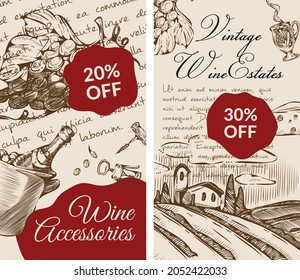 Accessories for wine, 20 and 30 percent off price. Winery and brewery, scene of vineyard and rural area countryside. Promotional banner, poster with discounts and sales. Vector in flat style