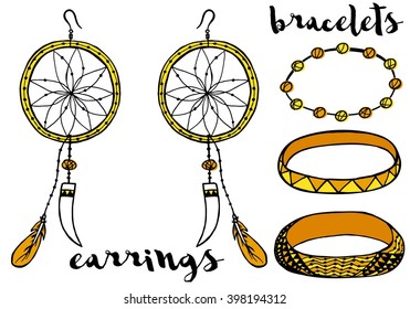 Accessories woman set in boho style: earrings and bracelets isolated on white background. Hand made craft.