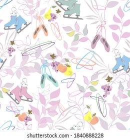 The accessories of a woman's active life. Seamless vector illustration with ice skates for figure skating, ballet slippers, gymnastic hoops, fruits, plant branches on a white background