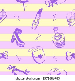 Accessories for women, fashion theme. Seamless pattern. Seasonal sale and discounts. Jewelry, cosmetics, perfume, wear, purse and other women stuff. Colorful vector background.