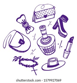 Accessories for women isolated on the white background, fashion theme. Jewelry, cosmetics, perfume, purse, high heels and other woman stuff. Set of vector illustrations.