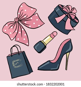 accessories for women. Lipstick, bow, gift box with bow, paper shopping bag, high-heeled shoes. Isolated elements on a pink background. Icons, fashion illustration. Vector