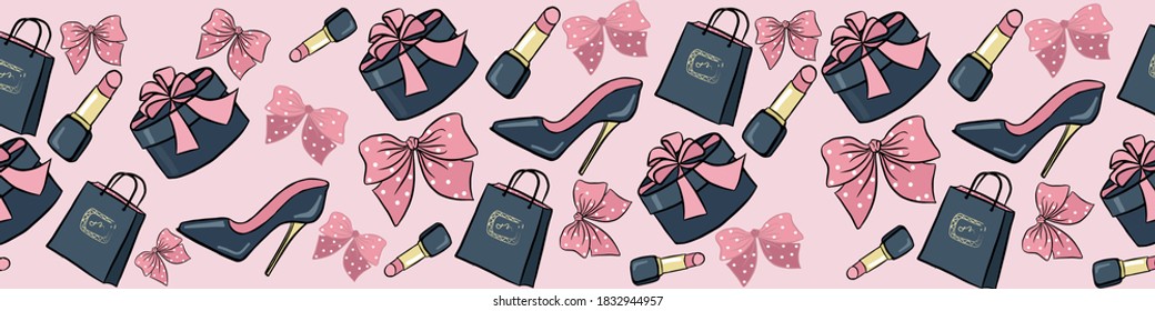 Accessories for women seamless pattern. Lipstick, bow, bow gift box, paper shopping bag, high-heeled shoes. Pink background. Vector