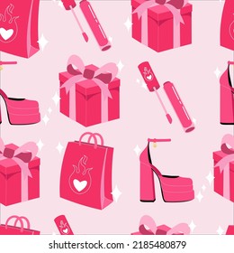 Accessories for women seamless pattern. Lipstick or lip gloss, bow gift box, paper shopping bag, high-heeled shoes. Pink background. Cartoon, flat design, vector illustration.