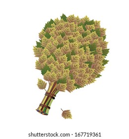 accessory for bathhouse, bath broom vector, birch broom in curve, bath broom, green leaves, birch broom illustrations, birch leaf vector, bundle of twigs, birch leaves, accessory for bathhouse