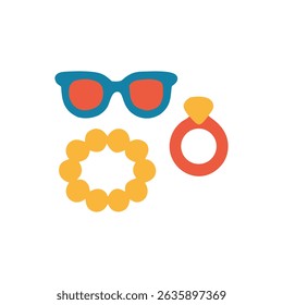 Accessory collection with sunglasses, ring, and necklace. Ideal for fashion blog or social media posts promoting summer style.