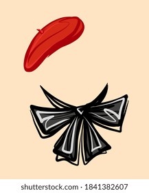 Accessory for the face. Trendy black bow around the neck and red beret. Vector on an isolated background. Portrait mask.