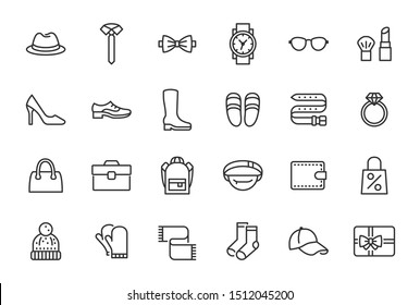 Accessory, Fashion Line Icons. Vector Illustration Included Icon as Footwear, High Heels Shoes, Bow Tie, Backpack, Knitted Clothes and other Apparel Flat Pictogram for Cloth Store. Editable Stroke