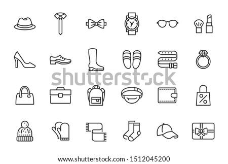 Accessory, Fashion Line Icons. Vector Illustration Included Icon as Footwear, High Heels Shoes, Bow Tie, Backpack, Knitted Clothes and other Apparel Flat Pictogram for Cloth Store. Editable Stroke