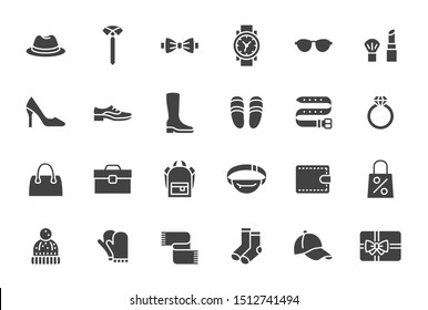 Accessory, Fashion Silhouette Icons. Vector Illustration Included Icon as Footwear, High Heels Shoes, Bow Tie, Backpack, Knitted Clothes and other Apparel Flat Pictogram for Cloth Store