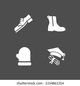 accessory icon. 4 accessory set with boot with zipper, mitten, hat and shoe vector icons for web and mobile app