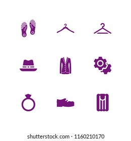 accessory icon. 9 accessory set with diamond ring shape, jacket elegant feminine black clothes for business, bolt and shoes vector icons for web and mobile app